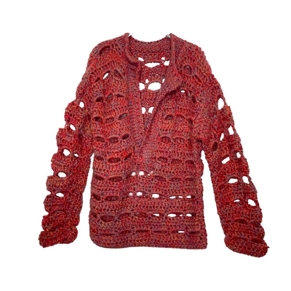 Vintage Fancy Knit Oversized Open Marled Yarn Pullover Sweater Cranberry Blue M